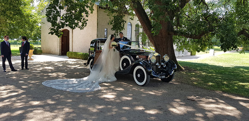 Bride getting into a black 1935 Rolls Royce parked under a large shady tree.