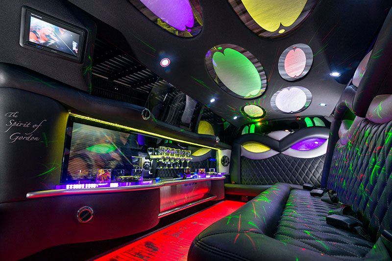 Interior of Murrell's 10 seater Chrysler 300 Super Stretch limousine with laser lighting and a disco roof.
