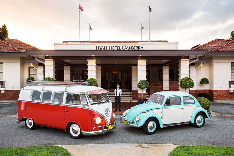 Syd the Kombi and Benny the bug outside of Canberra's Hyatt Hotel.