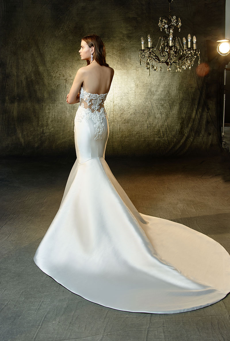 Back view of a sleek wedding gown with a mermaid stye skirt from the Enzoani Collection.