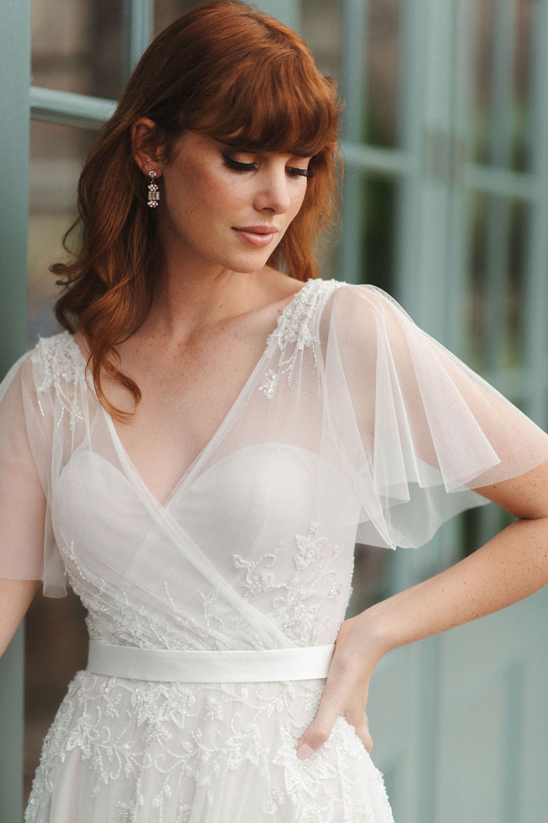 Red haired bride wearing Dahlia from French by Wendy Makin