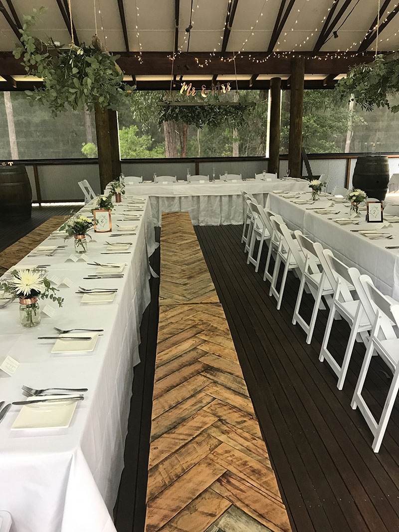 Wedding reception set up with long tables at Kianinny.