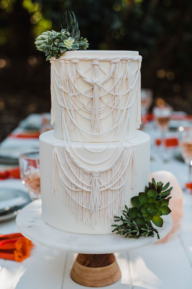 Boho wedding cake with succulents - inspired by macrame arbour.