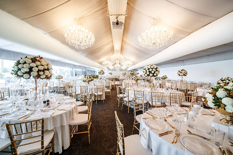 Luxurious wedding reception set up in a marquee.
