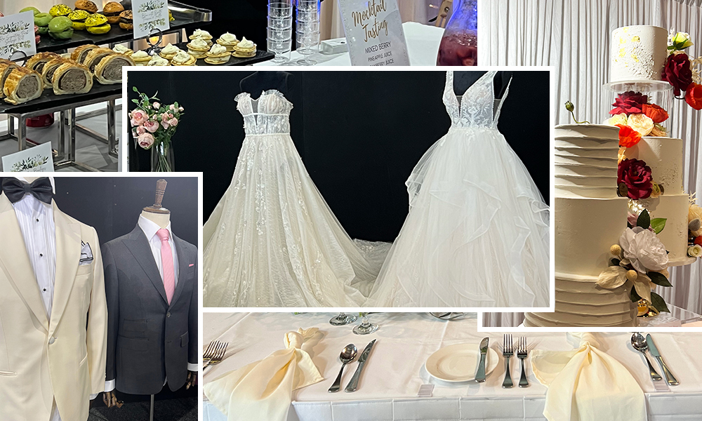 Collage of wedding dresses, cakes, table arrangement and suits