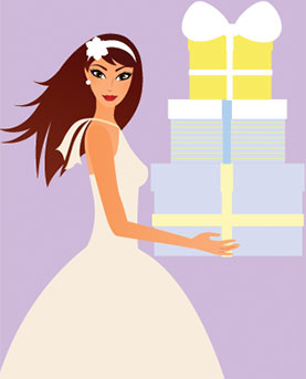 Illustrated bride holding presents.