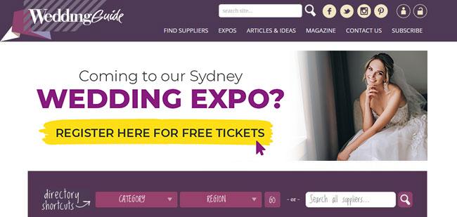 Screenshot of our website homepage with Sydney wedding expo banner